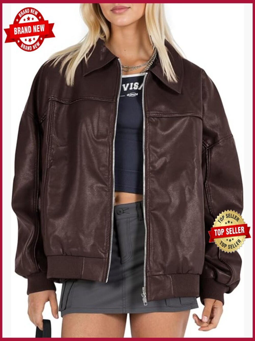Oversized Faux Leather Bomber Jacket Zip Up Moto Biker Coat Casual Fall Fashion